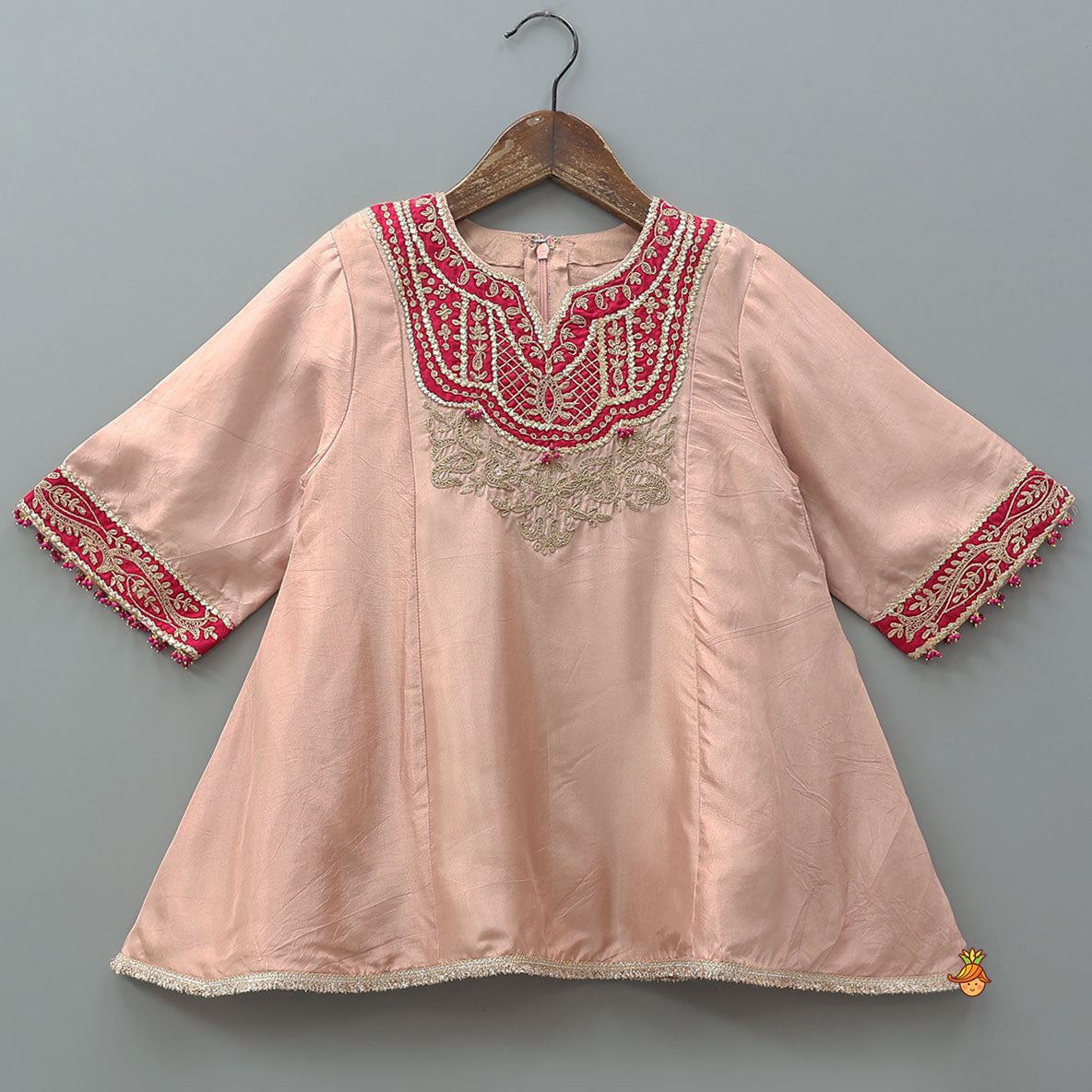 Contrasting Yoke Embroidered Silk Kurti And Pant With Dupatta