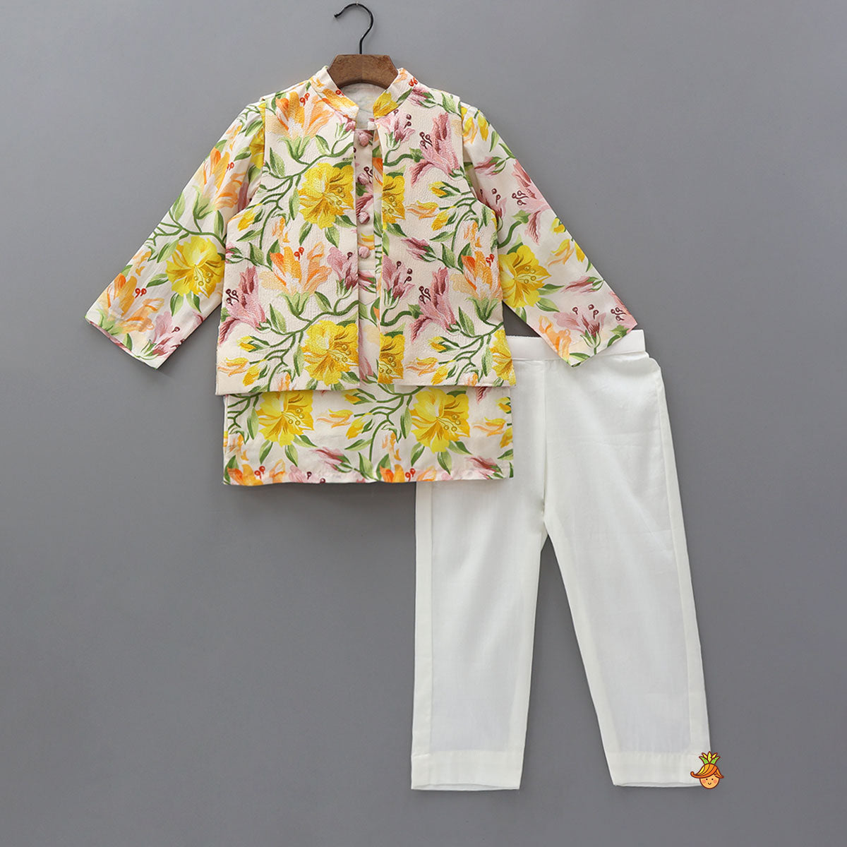 Floral Blossom Kurta With Jacket And Pyjama