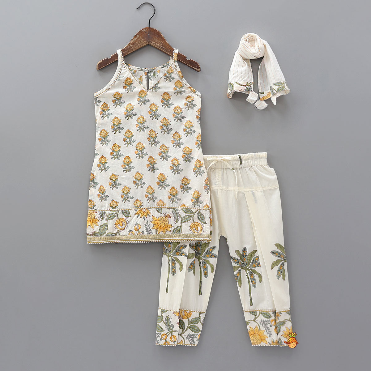Floral Printed Cotton Kurti And Pant With Lurex Striped Matching Dupatta