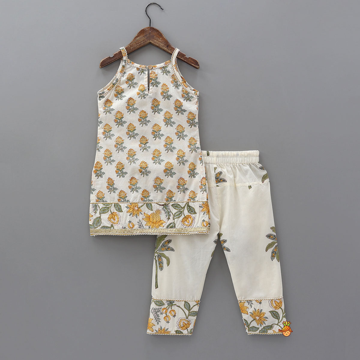 Floral Printed Cotton Kurti And Pant With Lurex Striped Matching Dupatta