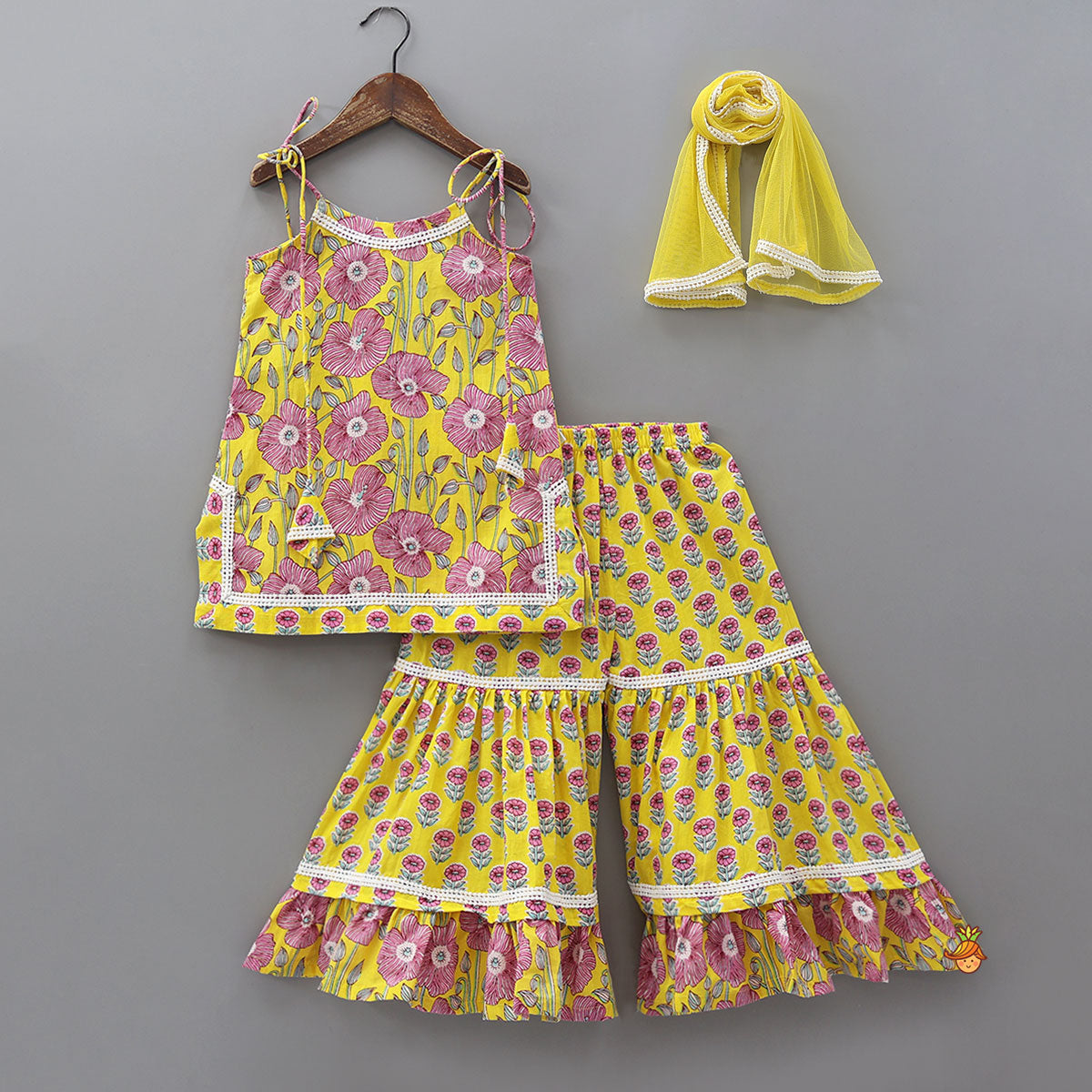 Strappy Floral Cotton Kurti With Sharara And Matching Dupatta