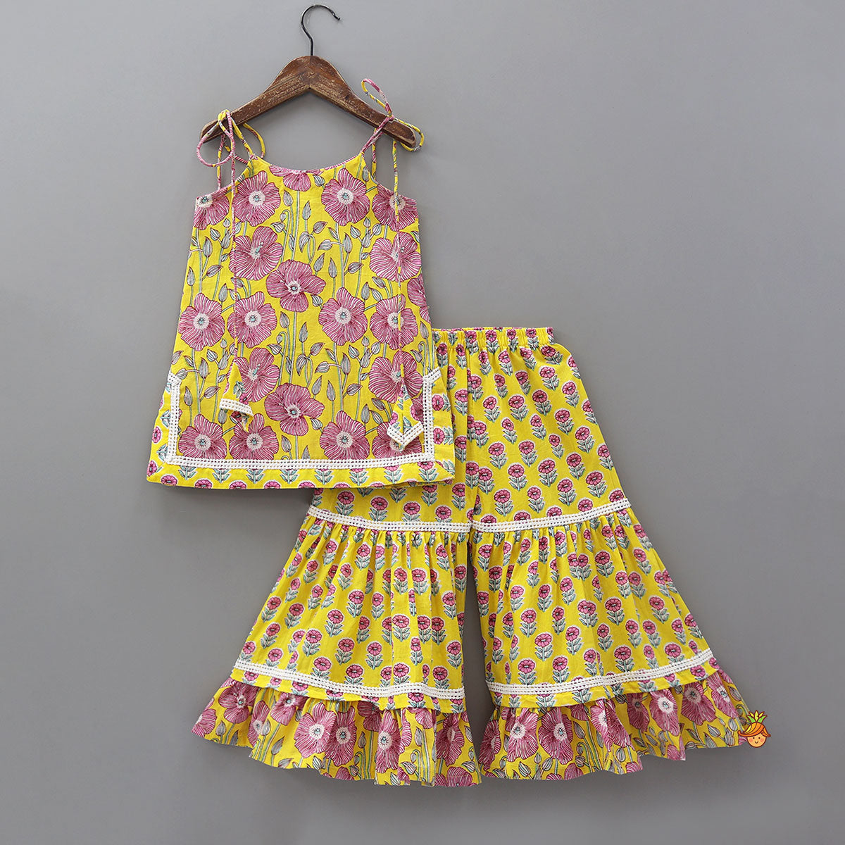 Strappy Floral Cotton Kurti With Sharara And Matching Dupatta