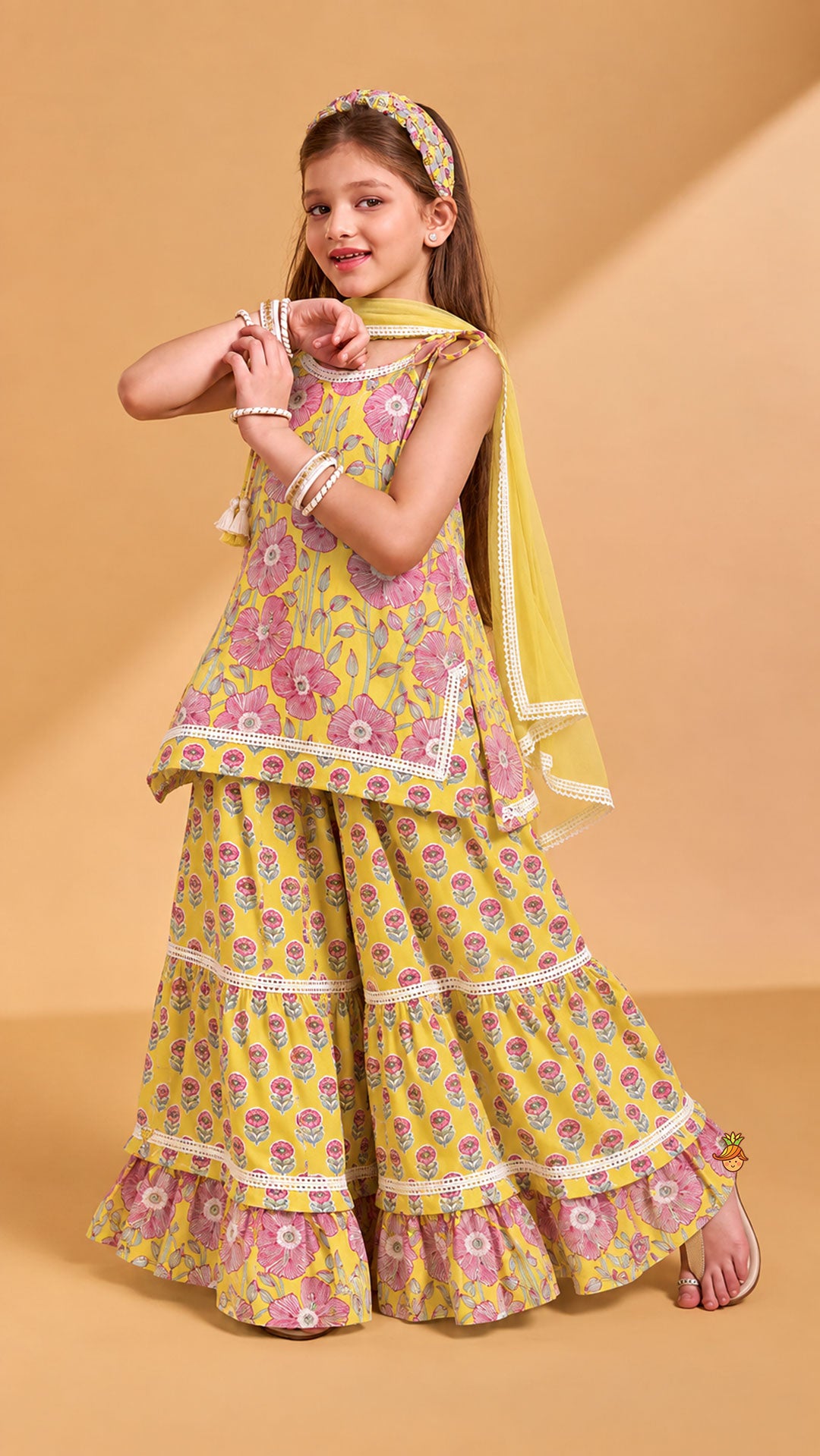 Strappy Floral Cotton Kurti With Sharara And Matching Dupatta