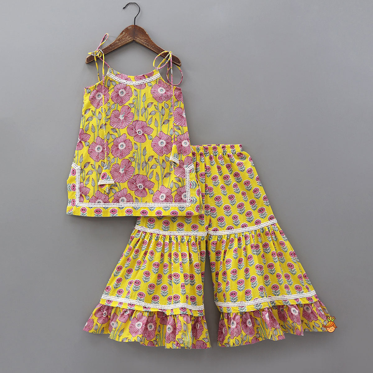 Strappy Floral Cotton Kurti With Sharara And Matching Dupatta
