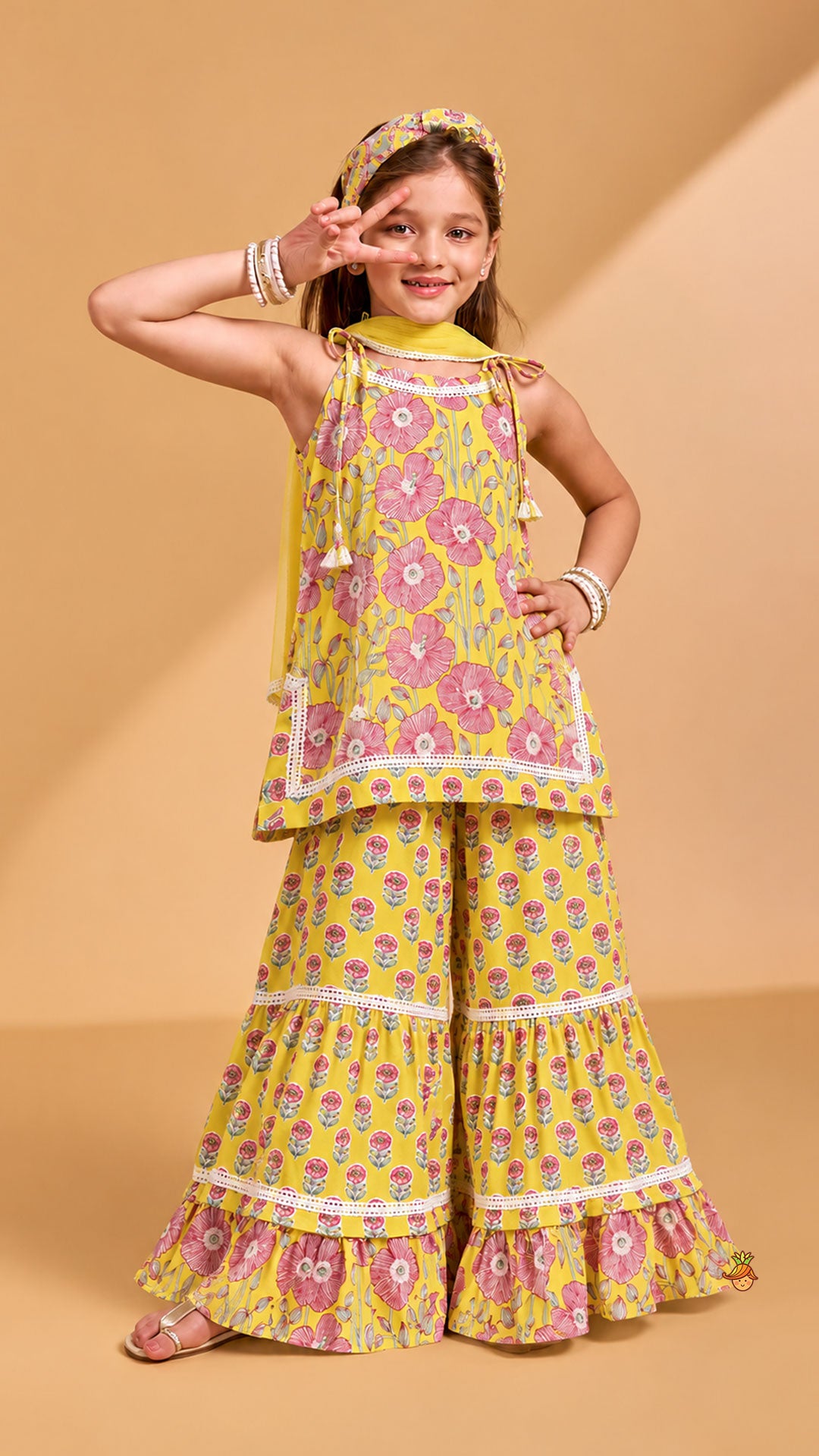 Strappy Floral Cotton Kurti With Sharara And Matching Dupatta