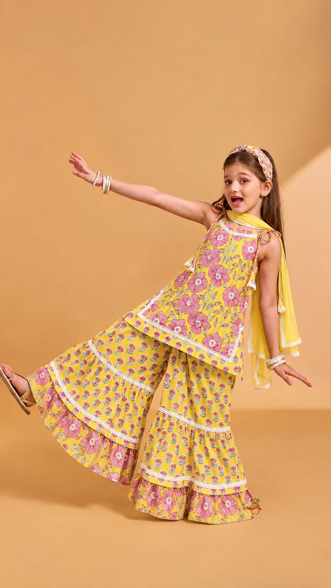 Strappy Floral Cotton Kurti With Sharara And Matching Dupatta