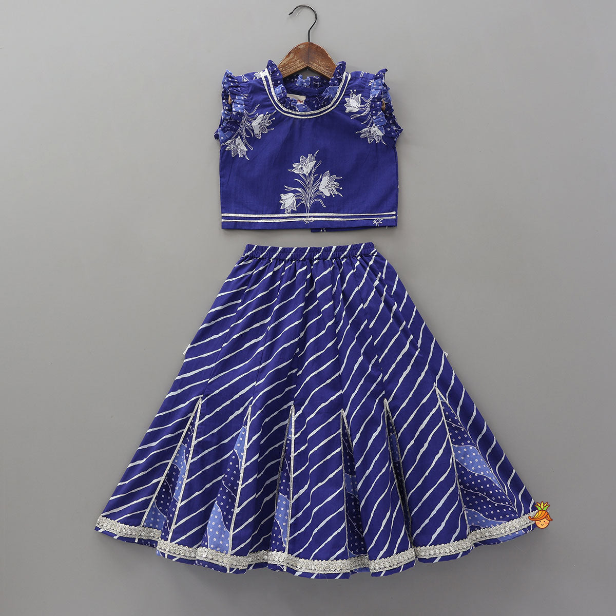 Ruffle Neck Crop Top And Leheriya Print Lehenga