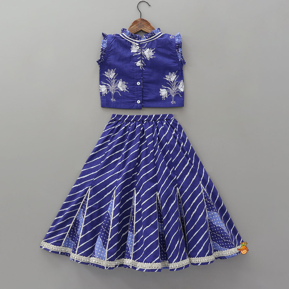 Ruffle Neck Crop Top And Leheriya Print Lehenga