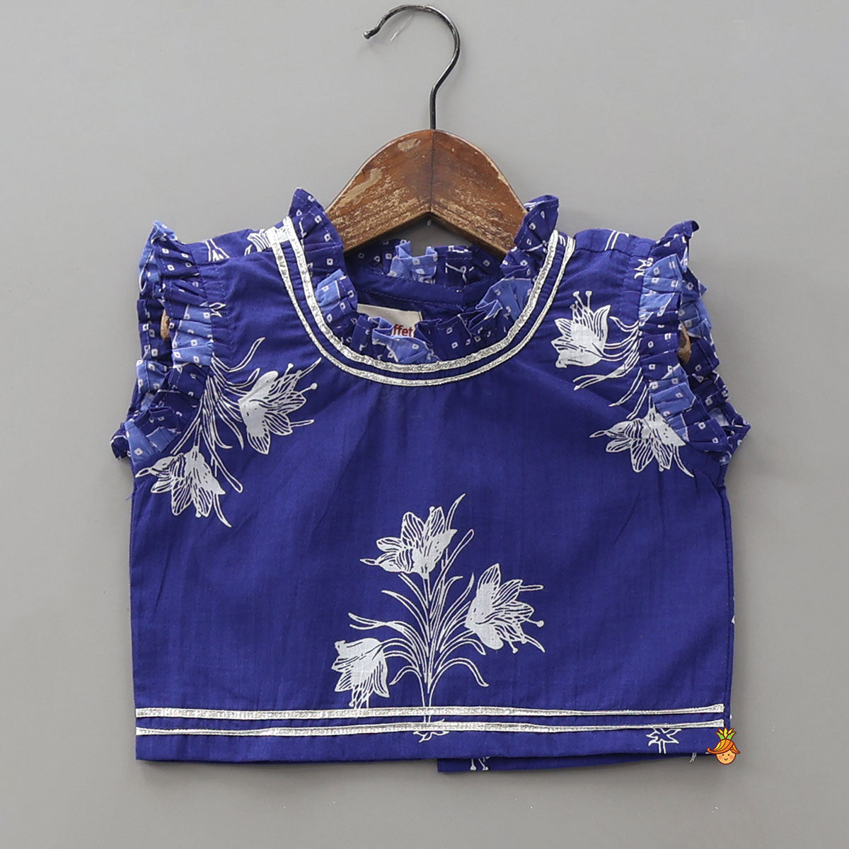 Ruffle Neck Crop Top And Leheriya Print Lehenga