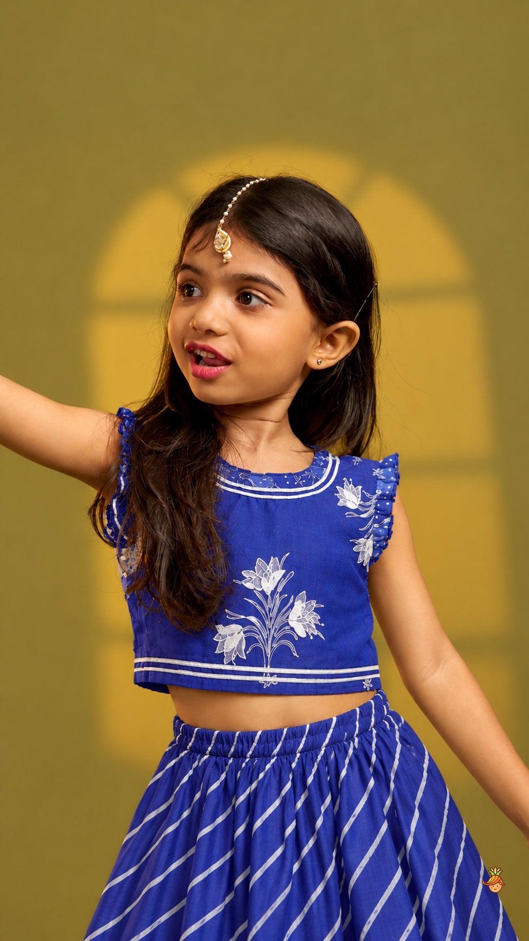 Ruffle Neck Crop Top And Leheriya Print Lehenga