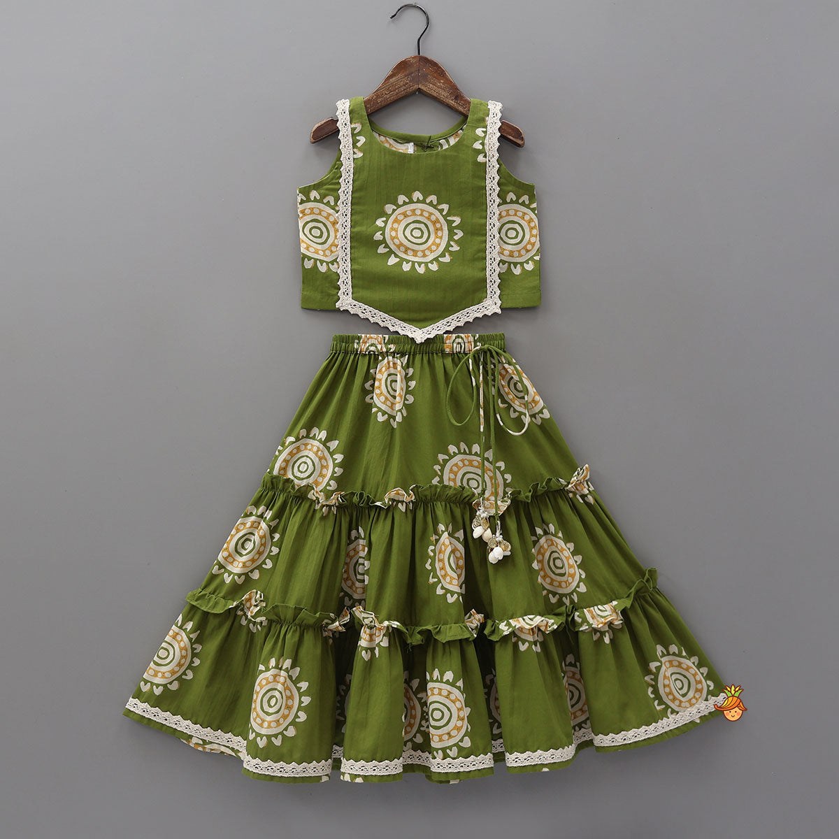 Stylish Hem Printed Crop Top With Tiered Lehenga