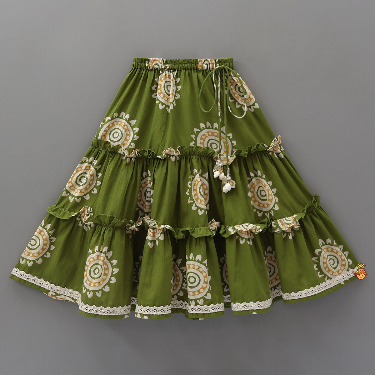 Stylish Hem Printed Crop Top With Tiered Lehenga