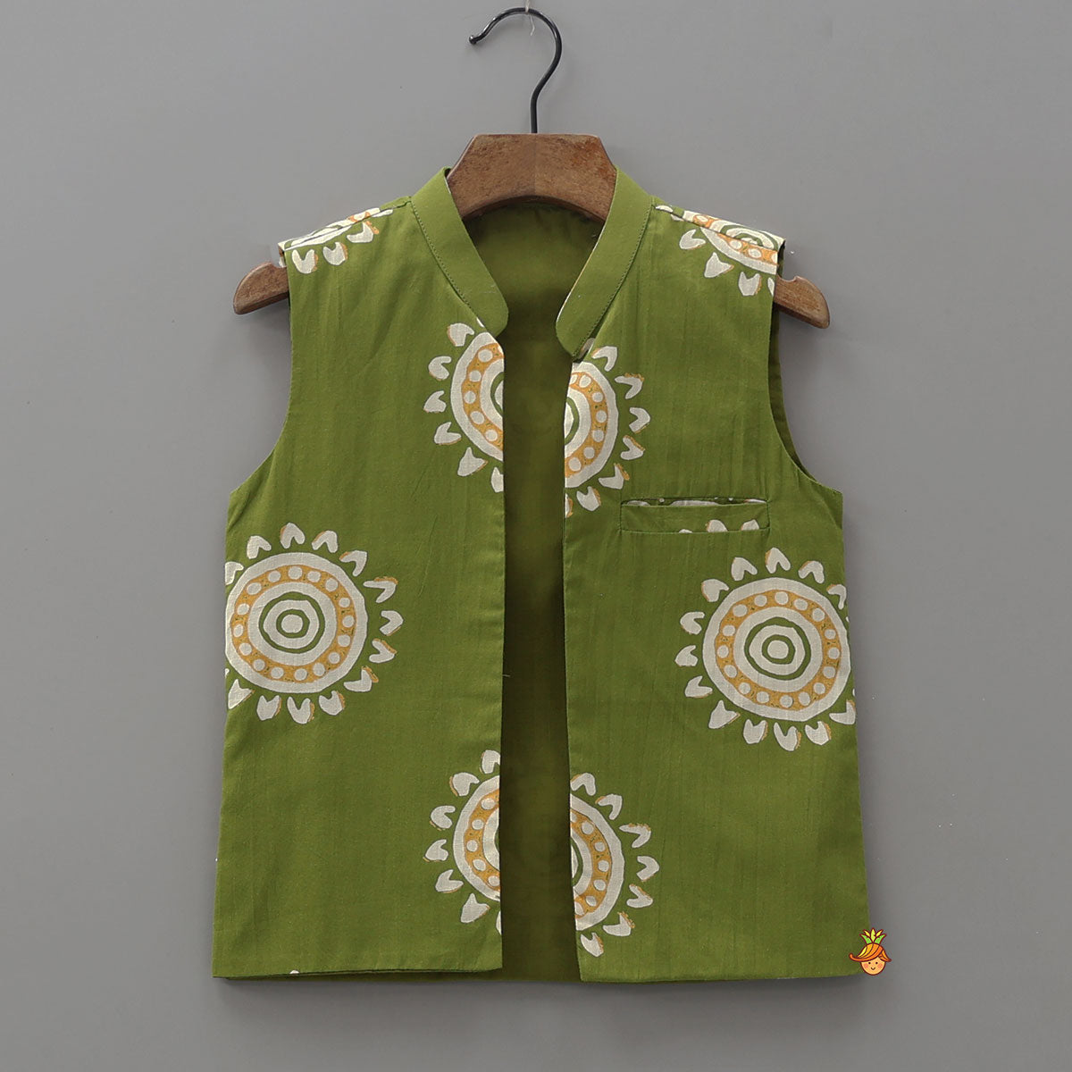 Cotton Printed Kurta With Open Jacket And Pyjama