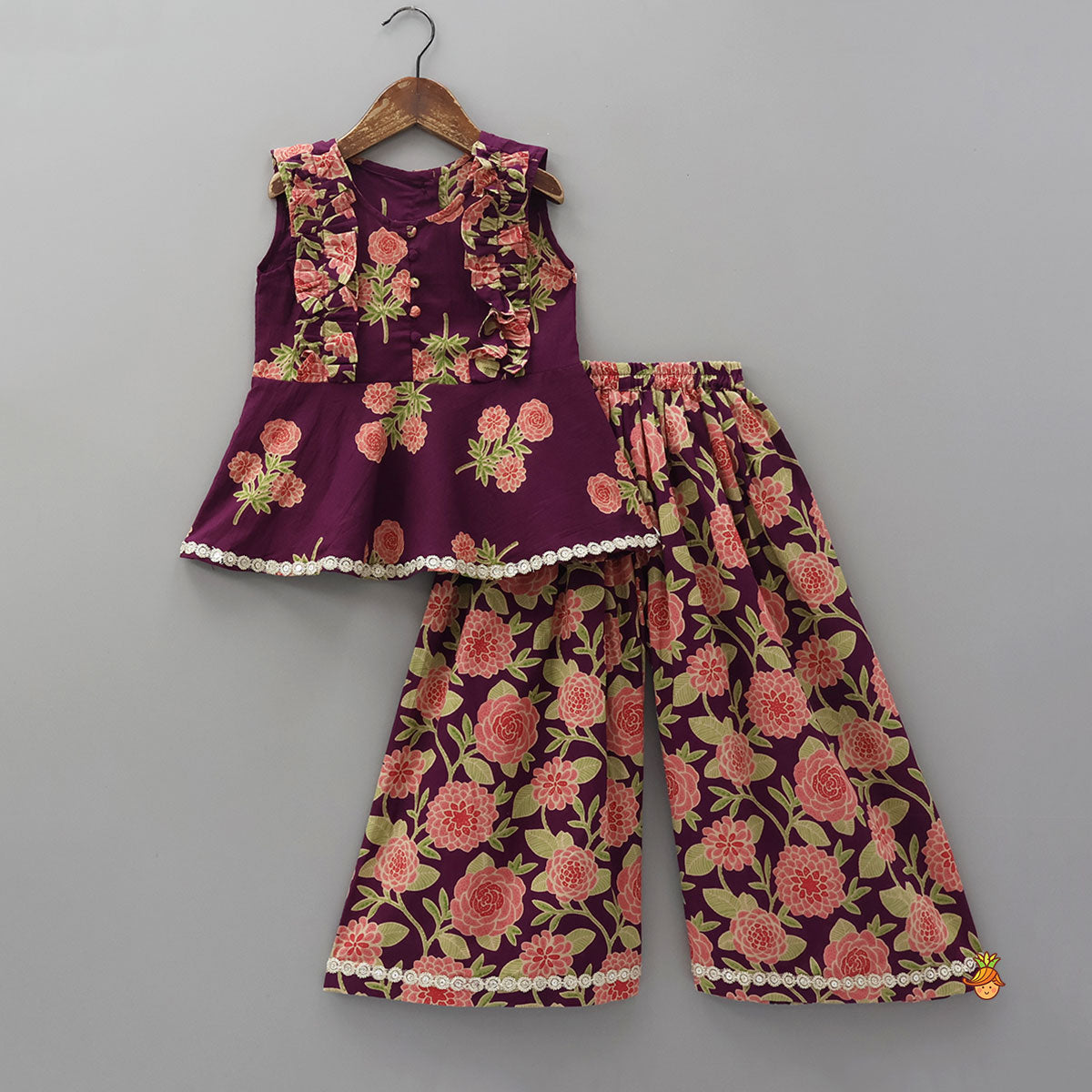 Potli Button Ruffle Top And Floral Print Palazzo