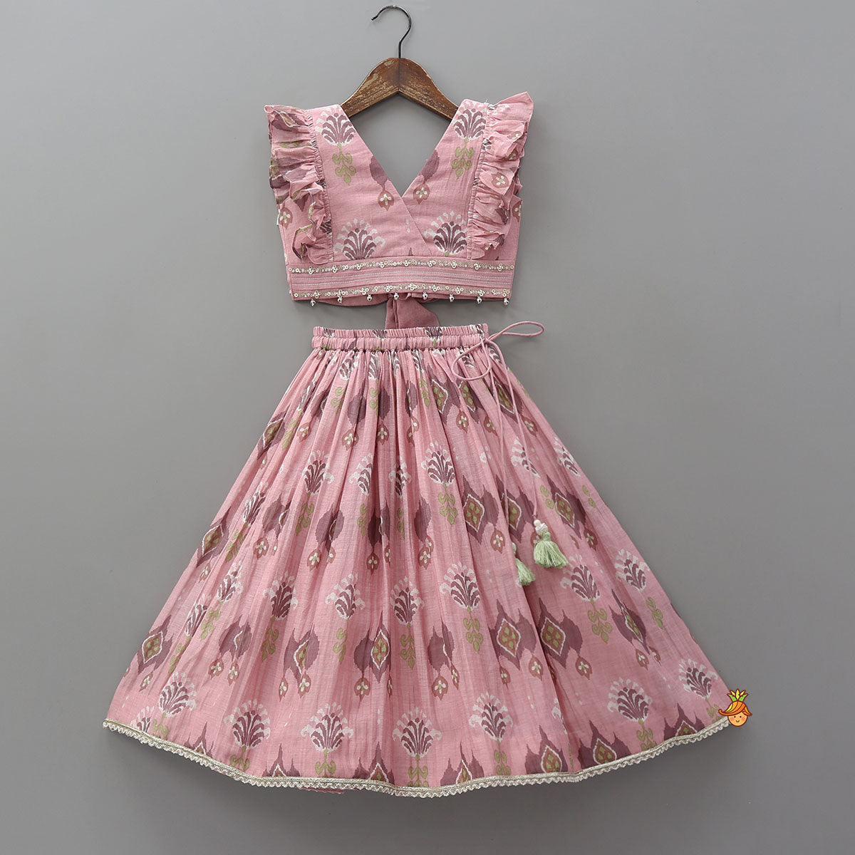 Printed Mul Chanderi Ruffle Crop Top And Lehenga