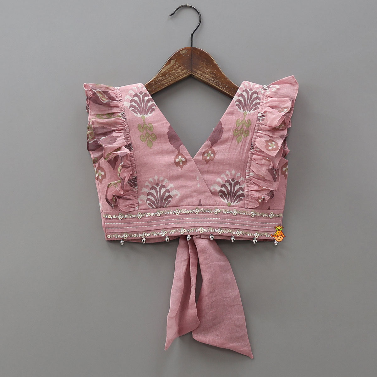 Printed Mul Chanderi Ruffle Crop Top And Lehenga