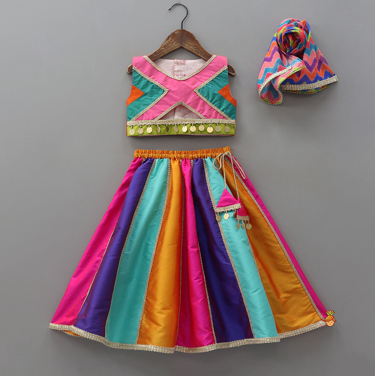 Lace Detailed Crop Top With Panelled Lehenga And Dupatta