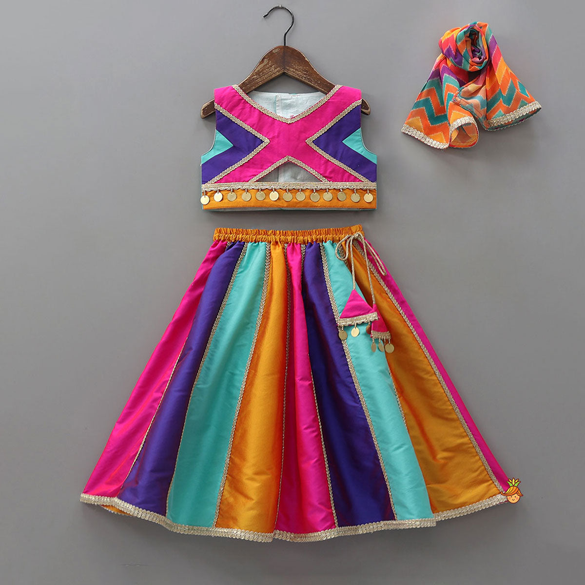 Lace Detailed Crop Top With Panelled Lehenga And Dupatta