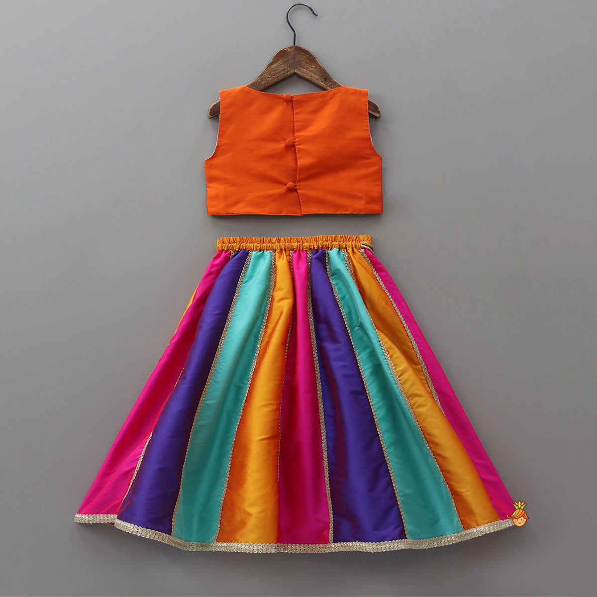 Lace Detailed Crop Top With Panelled Lehenga And Dupatta