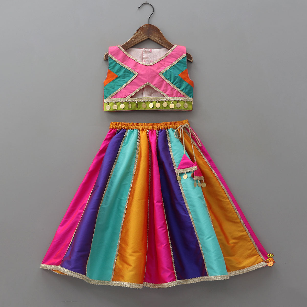 Lace Detailed Crop Top With Panelled Lehenga And Dupatta