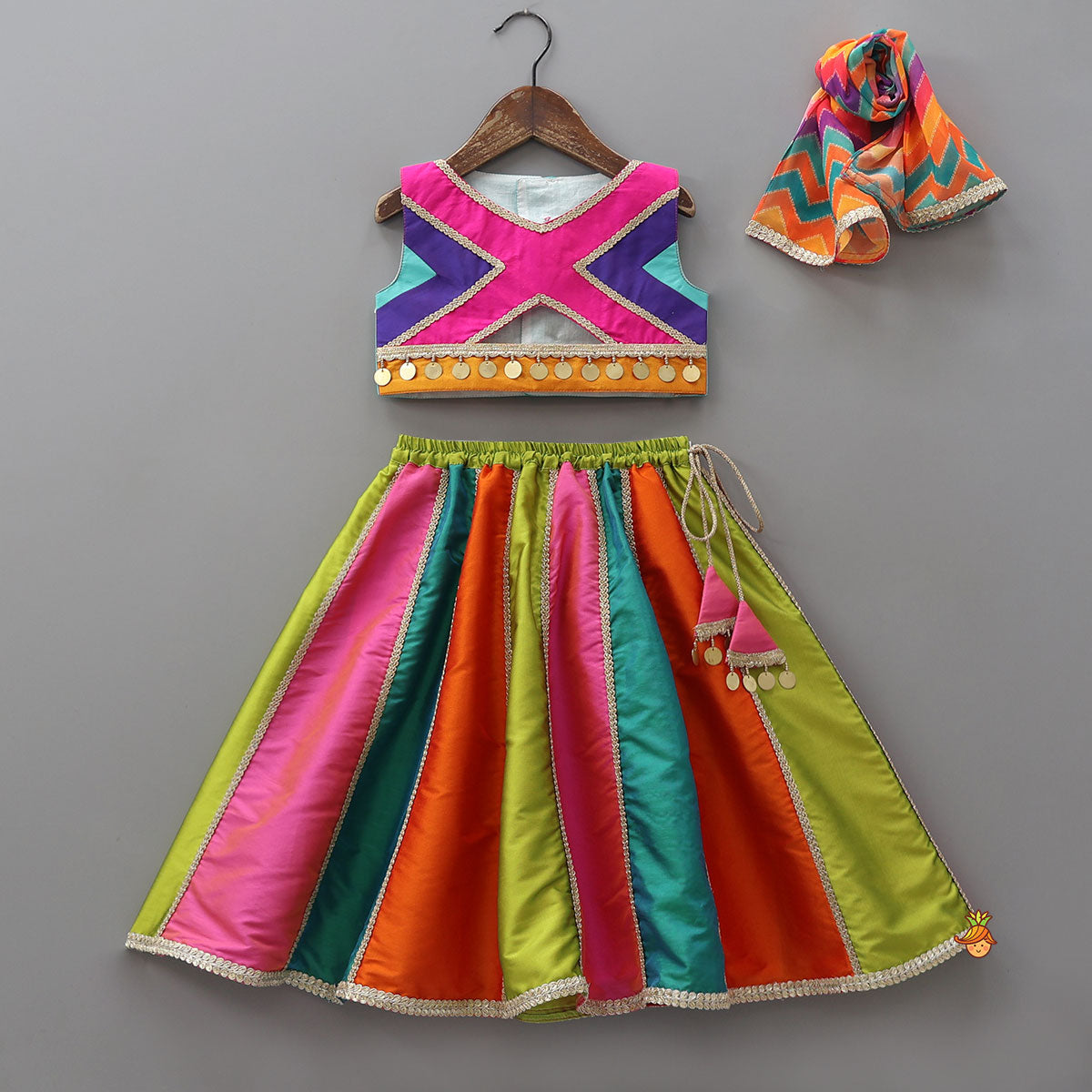 Embellished Crop Top With Panelled Lehenga And Dupatta