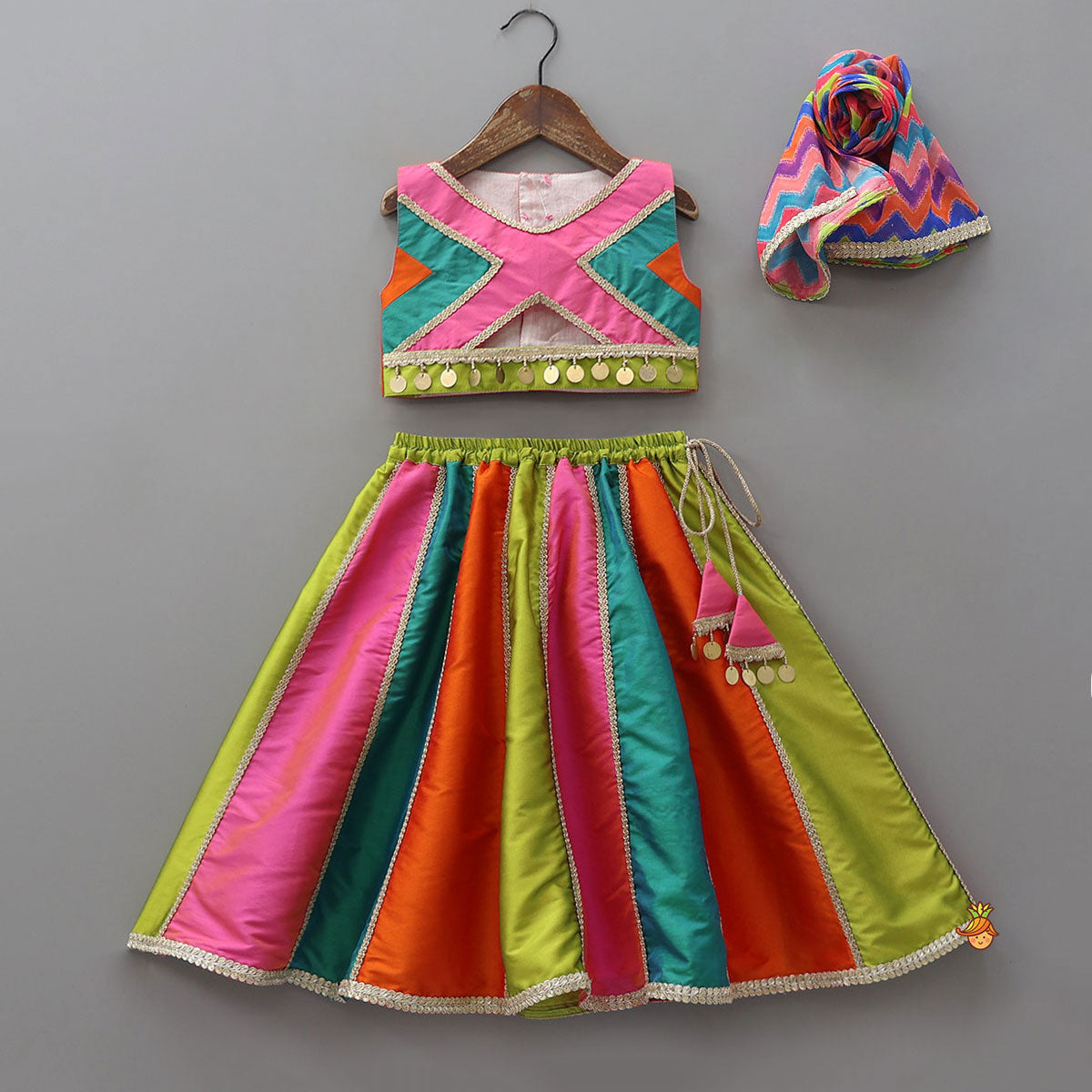 Embellished Crop Top With Panelled Lehenga And Dupatta