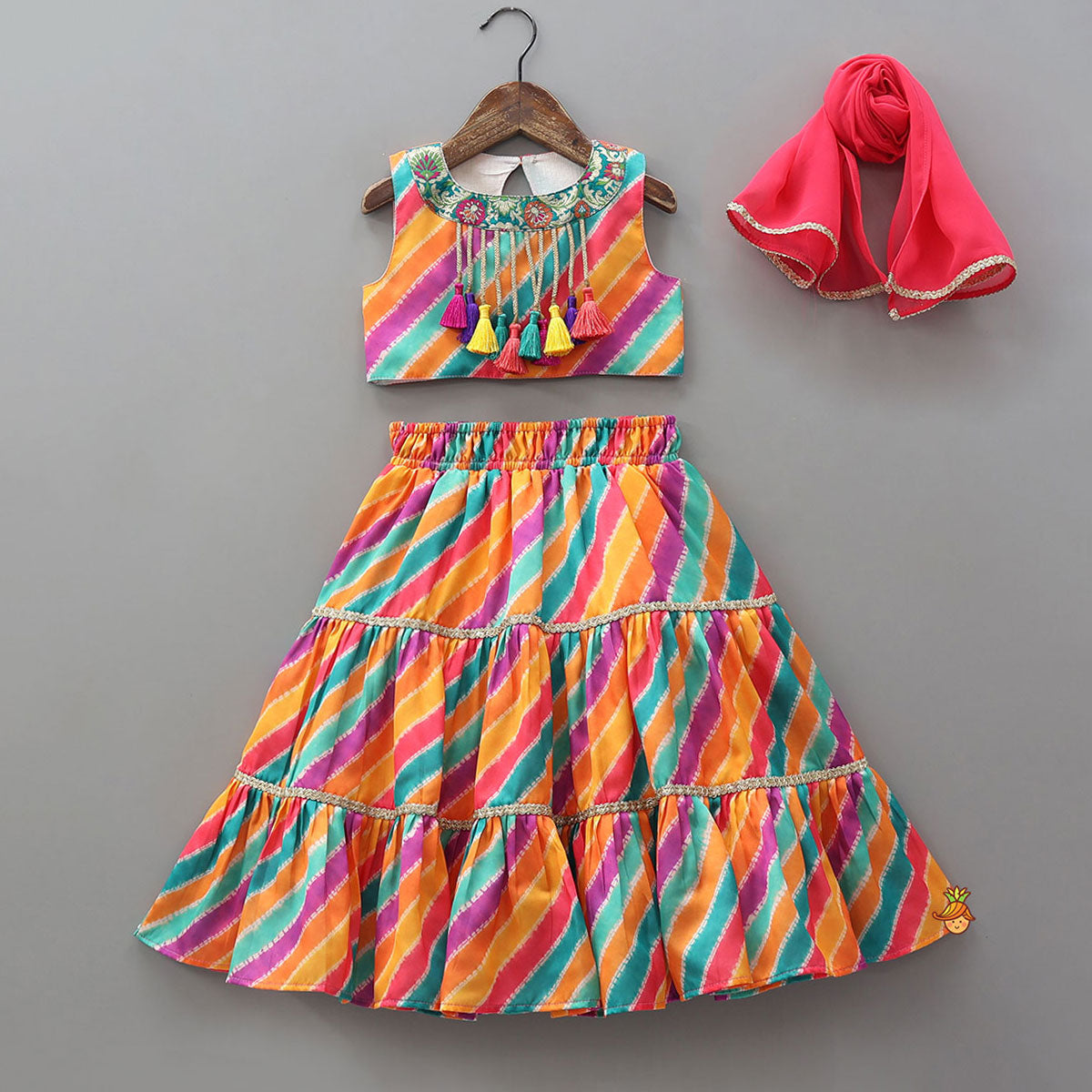 Printed Crop Top With Tiered Lehenga And Dupatta