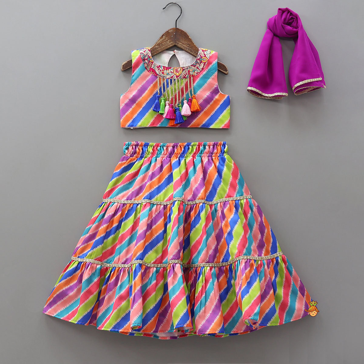 Striped Crop Top With Layered Lehenga And Dupatta