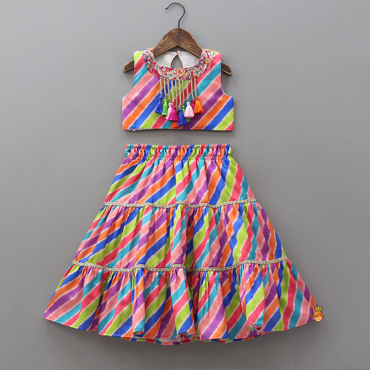 Striped Crop Top With Layered Lehenga And Dupatta