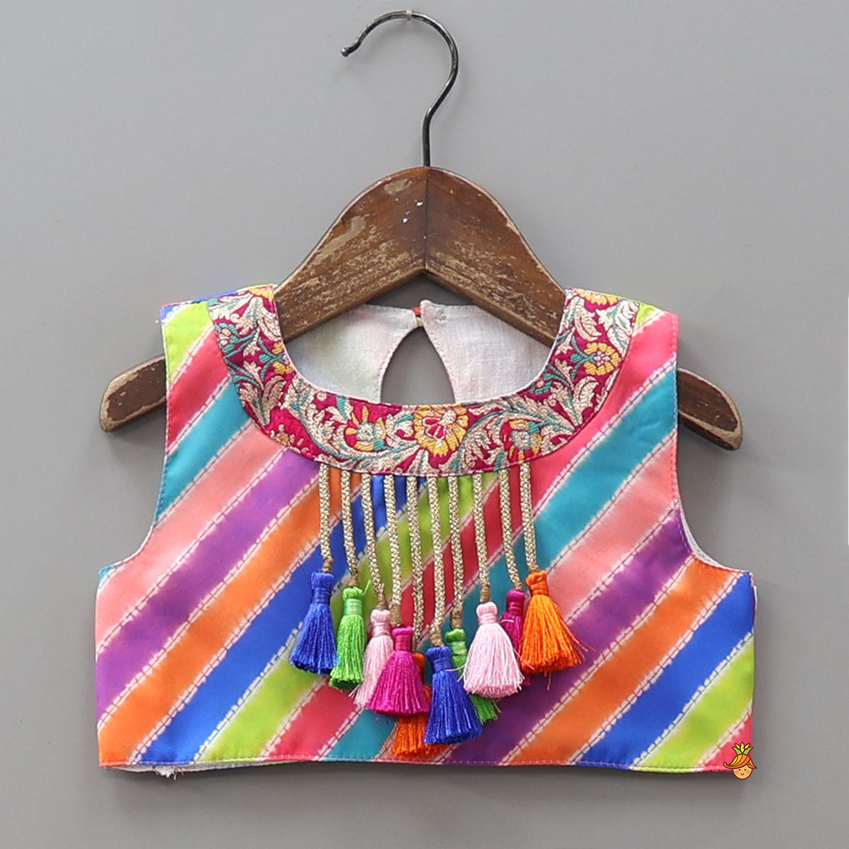 Striped Crop Top With Layered Lehenga And Dupatta