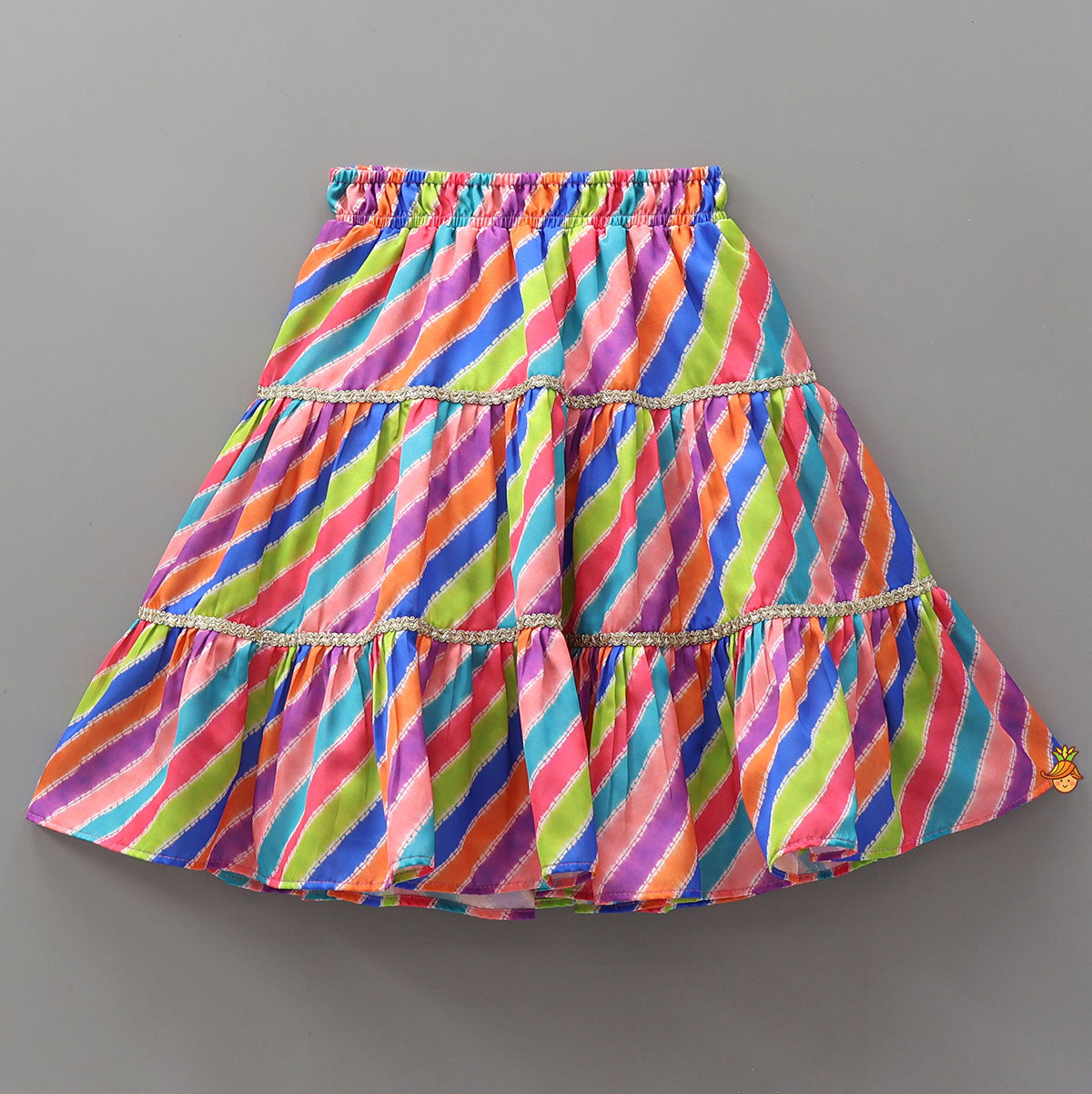 Striped Crop Top With Layered Lehenga And Dupatta