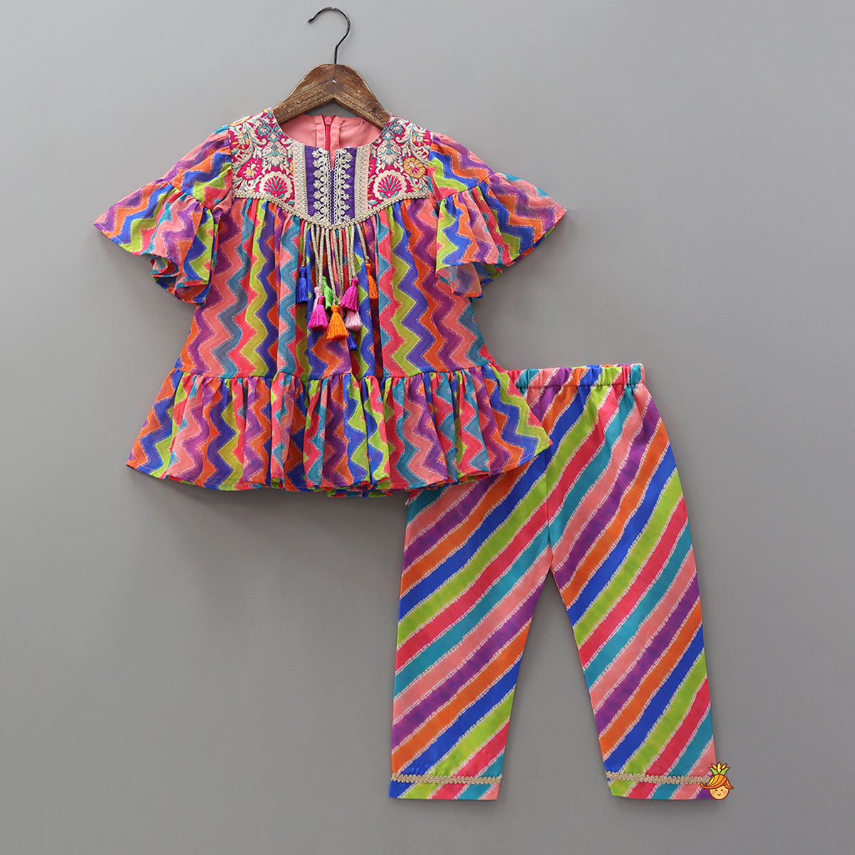 Zigzag Printed Ruffle Kurti With Striped Pants