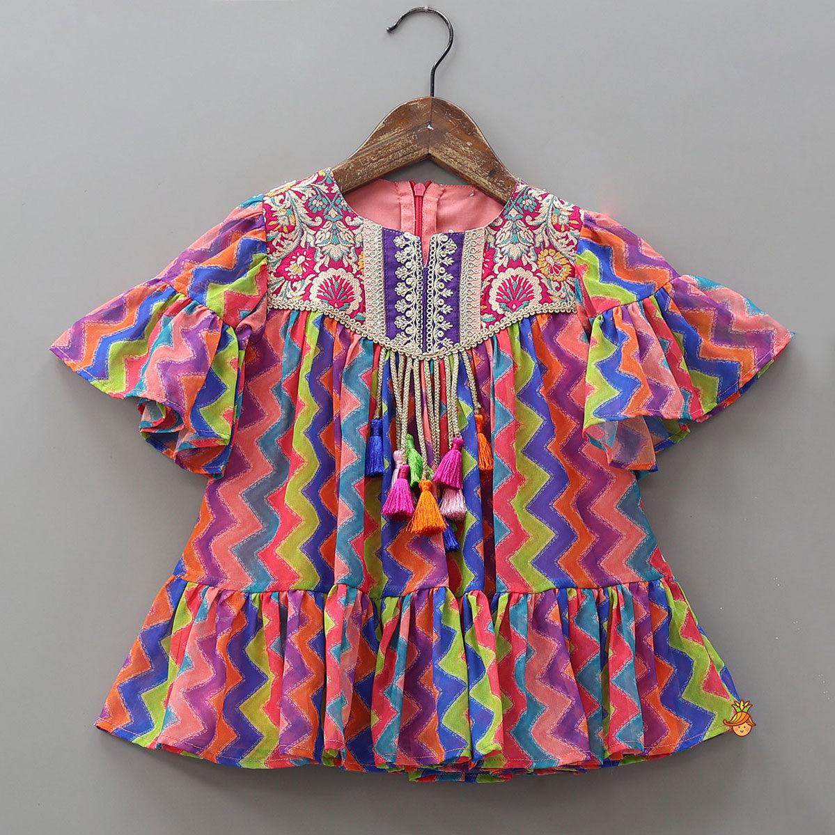 Zigzag Printed Ruffle Kurti With Striped Pants