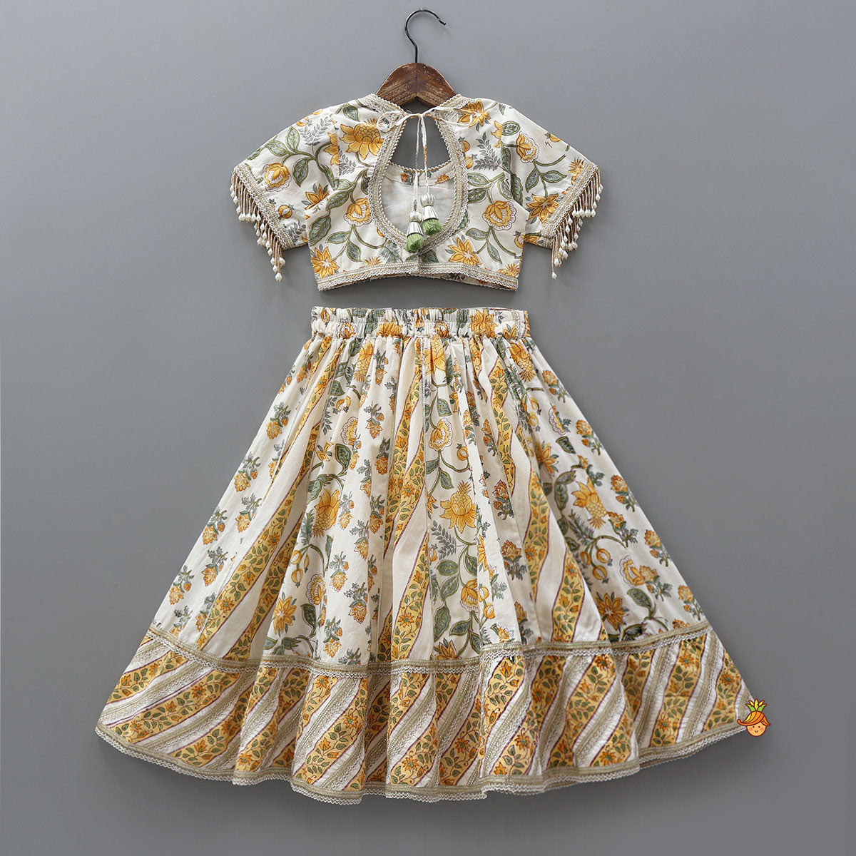 Floral Hand Block Printed Crop Top With Lehenga And Dupatta