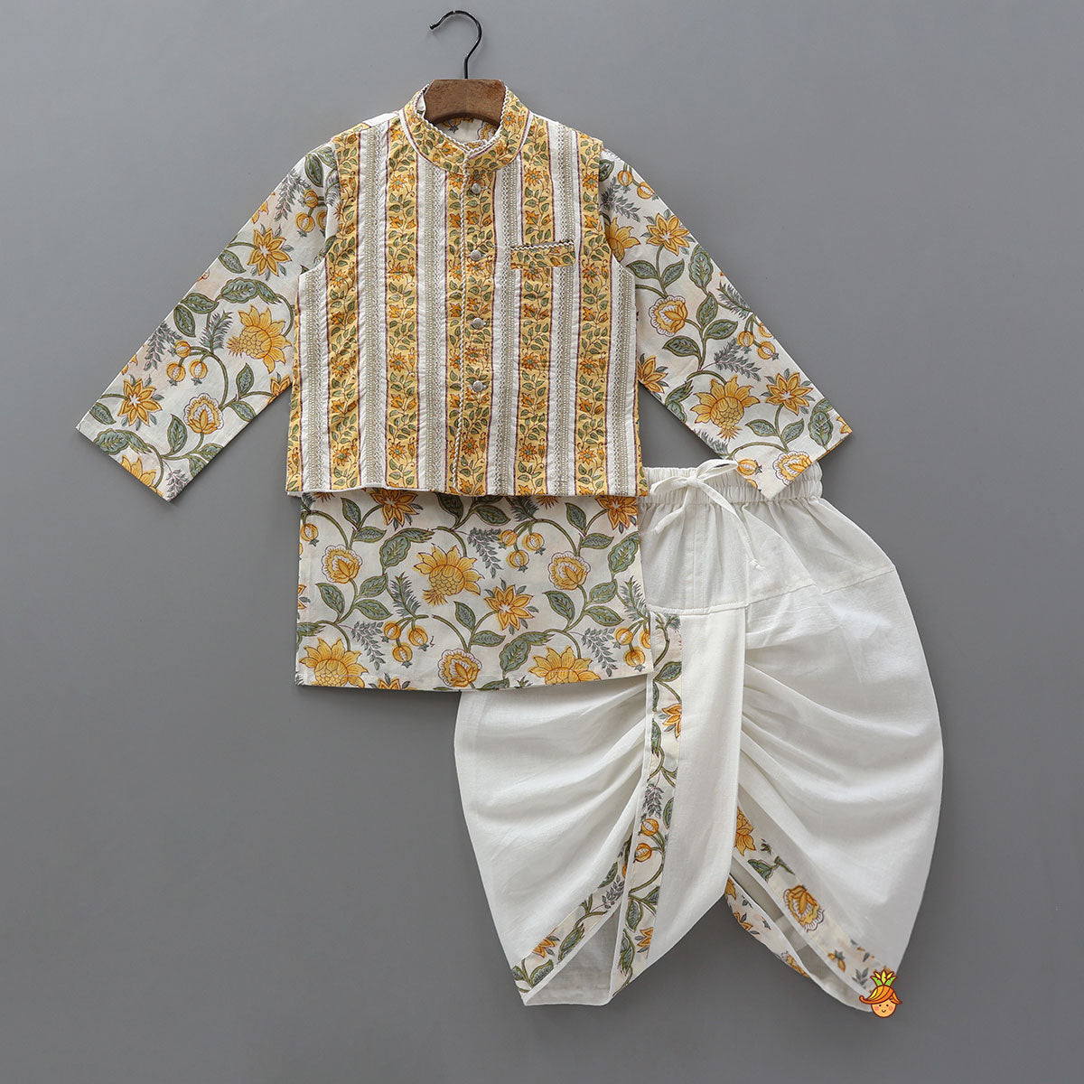 Hand Block Printed Kurta With Lace Detailed Jacket And Dhoti