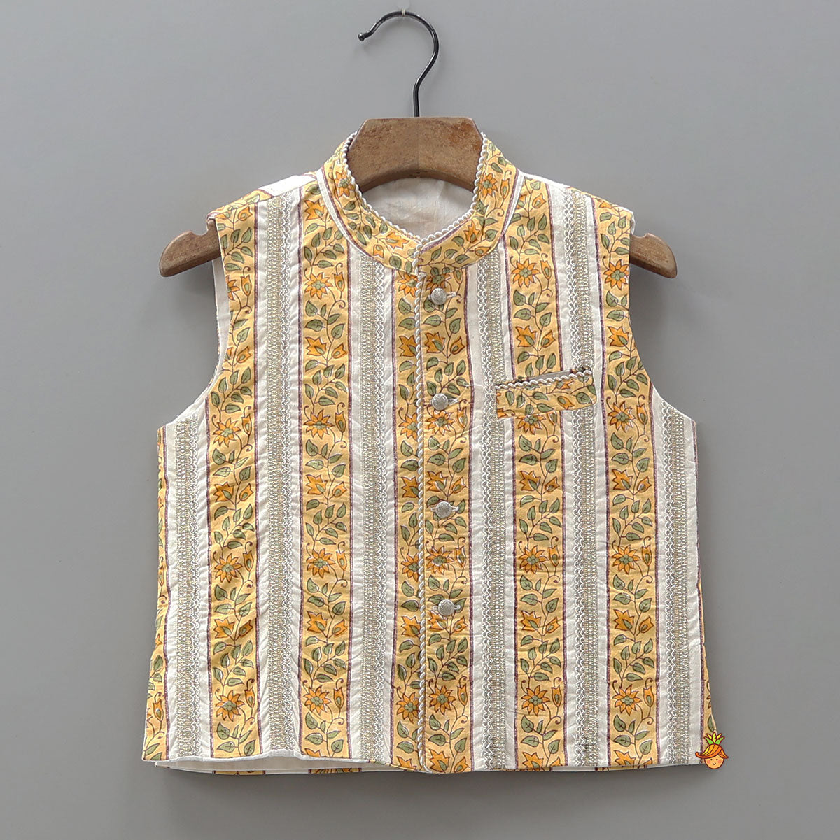 Hand Block Printed Kurta With Lace Detailed Jacket And Dhoti