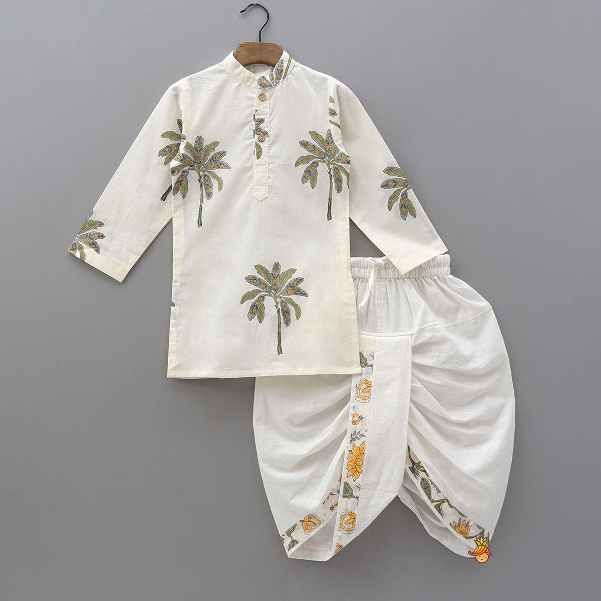 Floral Hand Block Printed Kurta With Jacket And Dhoti