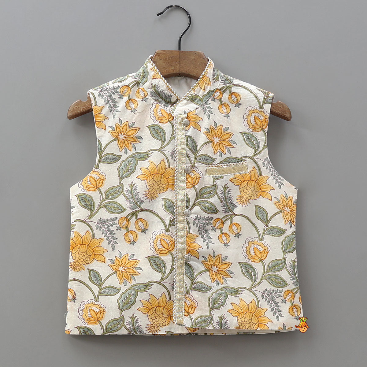 Floral Hand Block Printed Kurta With Jacket And Dhoti
