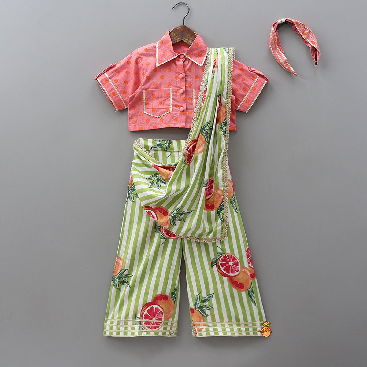 Shirt Style Top And Pant With Attached Dupatta And Hair Band
