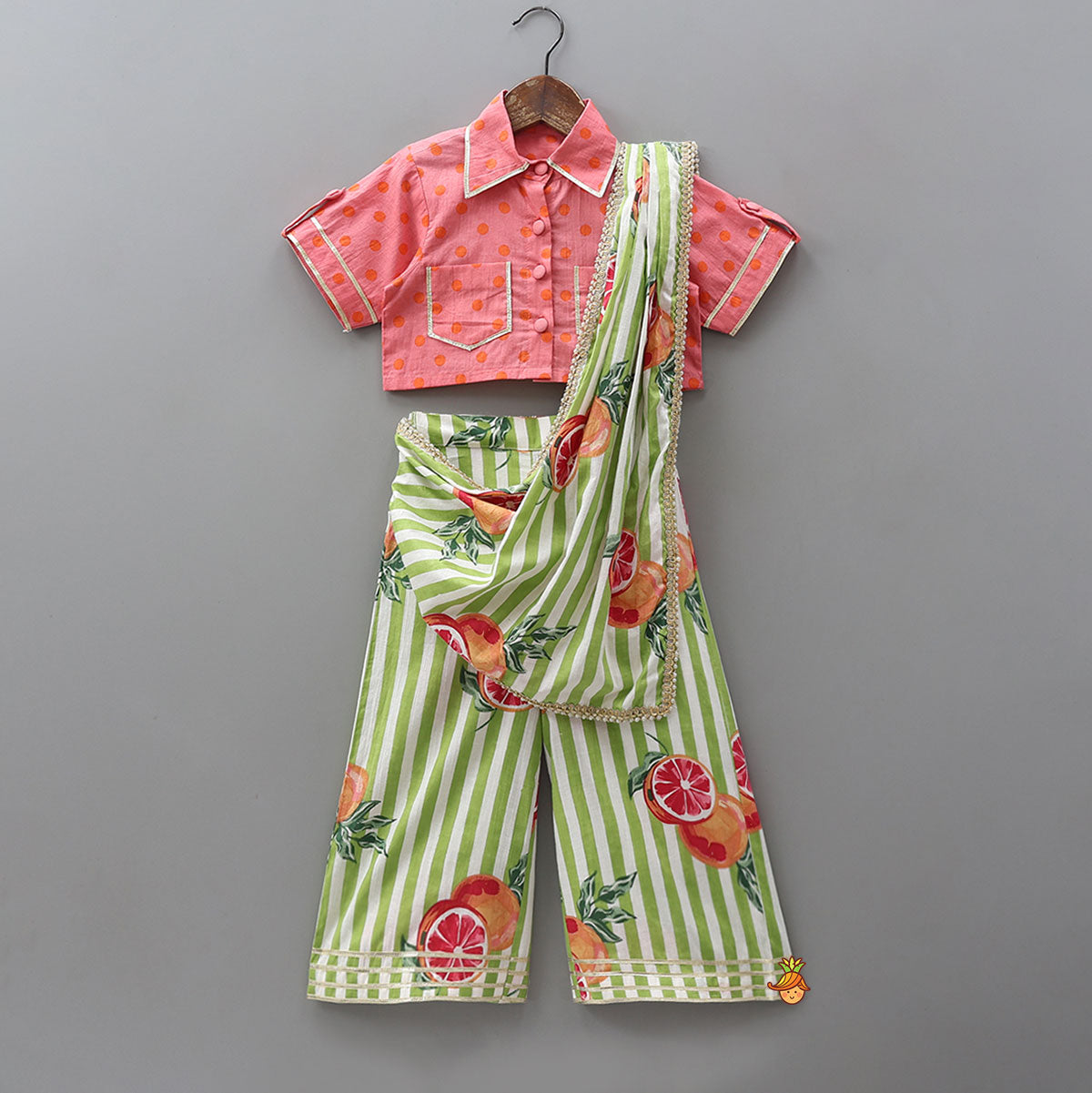 Shirt Style Top And Pant With Attached Dupatta And Hair Band