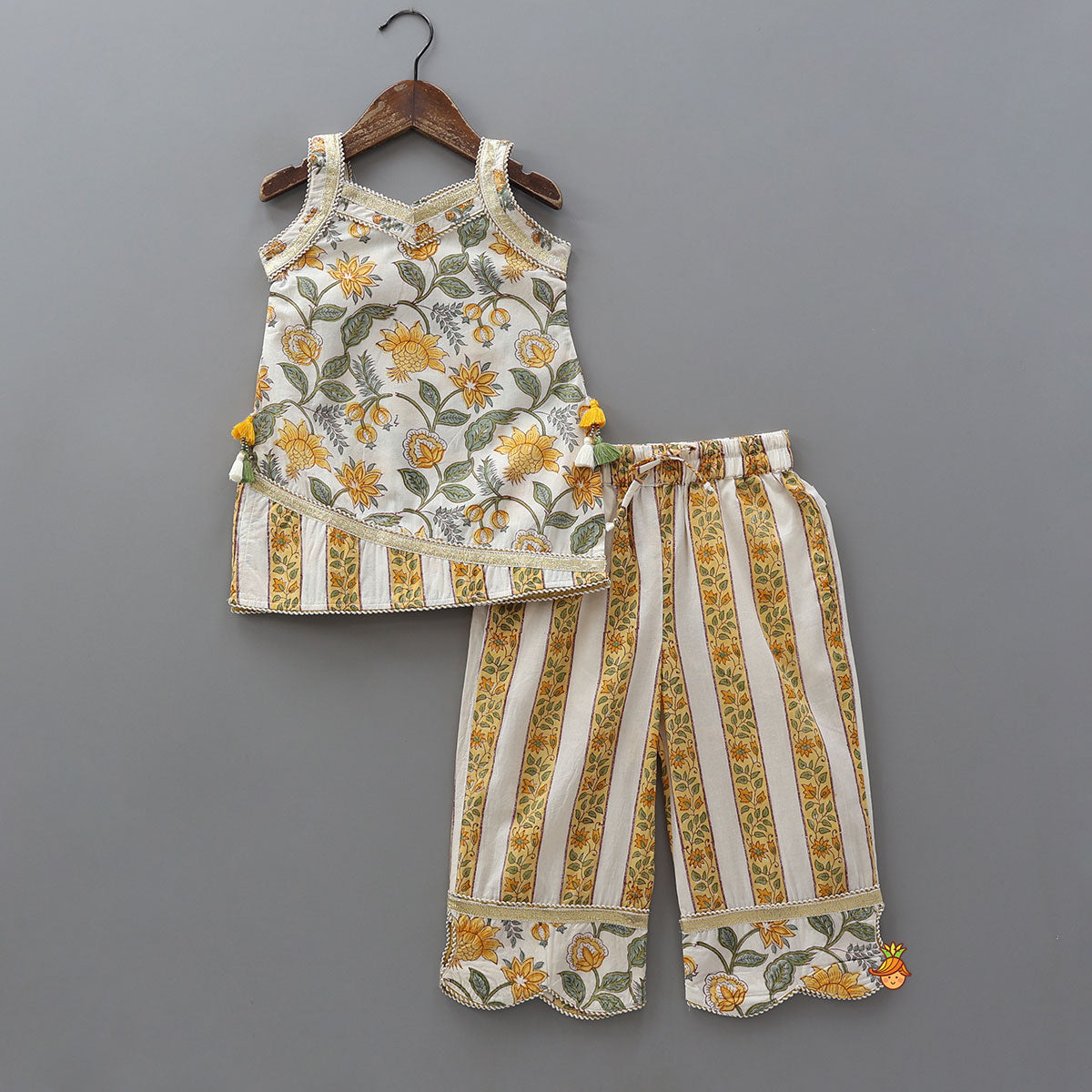 Floral Hand Block Printed Kurti With Pants And Dupatta