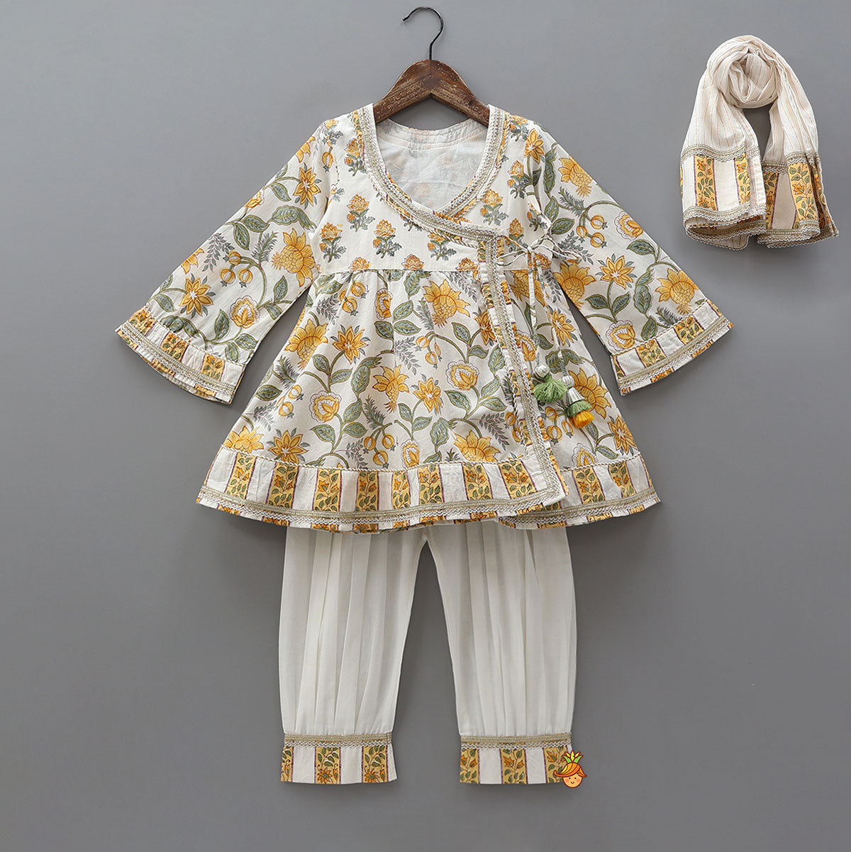 Hand Block Printed Lace Detailed Angrakha Kurti With Salwar And Dupatta