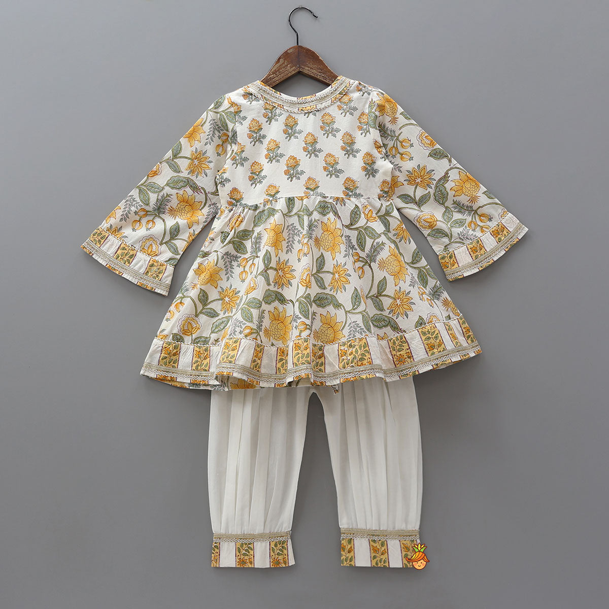 Hand Block Printed Lace Detailed Angrakha Kurti With Salwar And Dupatta