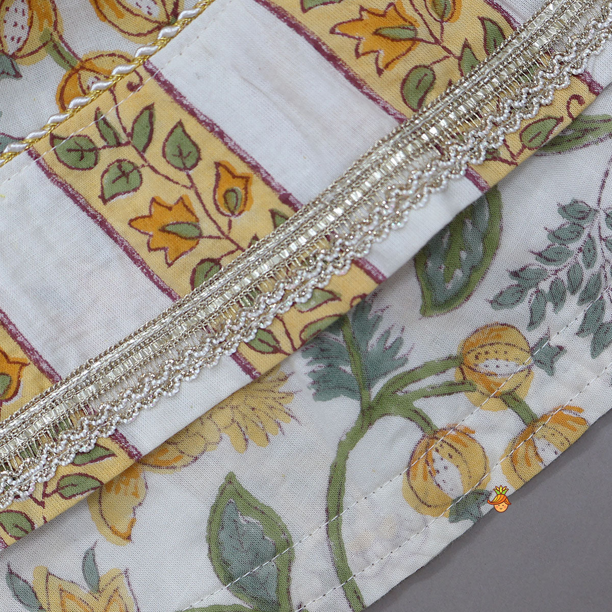 Hand Block Printed Lace Detailed Angrakha Kurti With Salwar And Dupatta