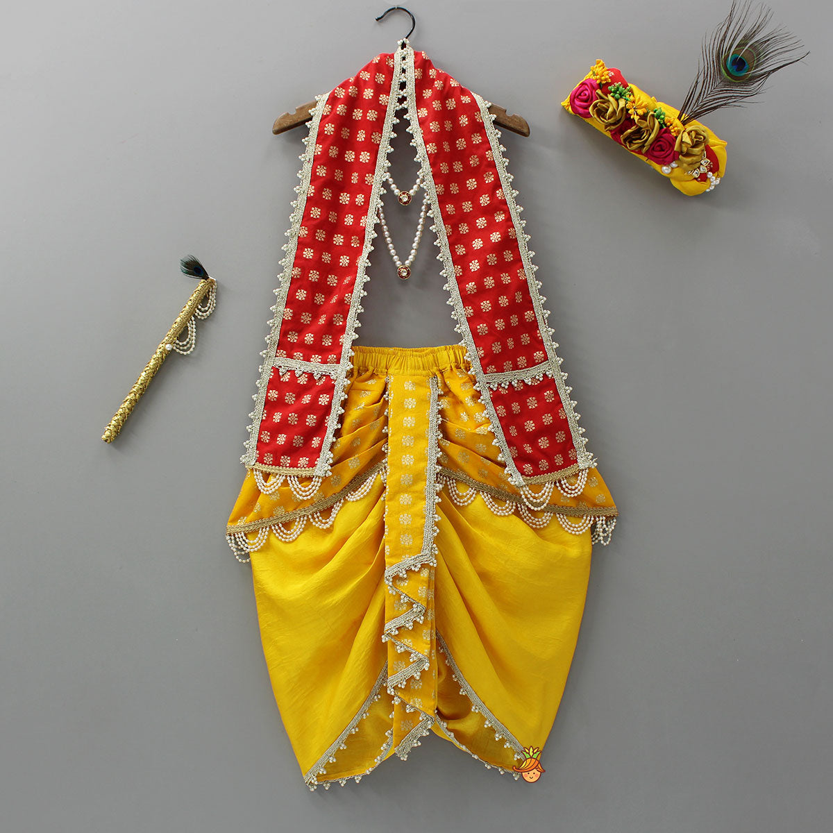 Traditional Brocade Dhoti Set With Matching Stole, Head Band, Basuri And Mala