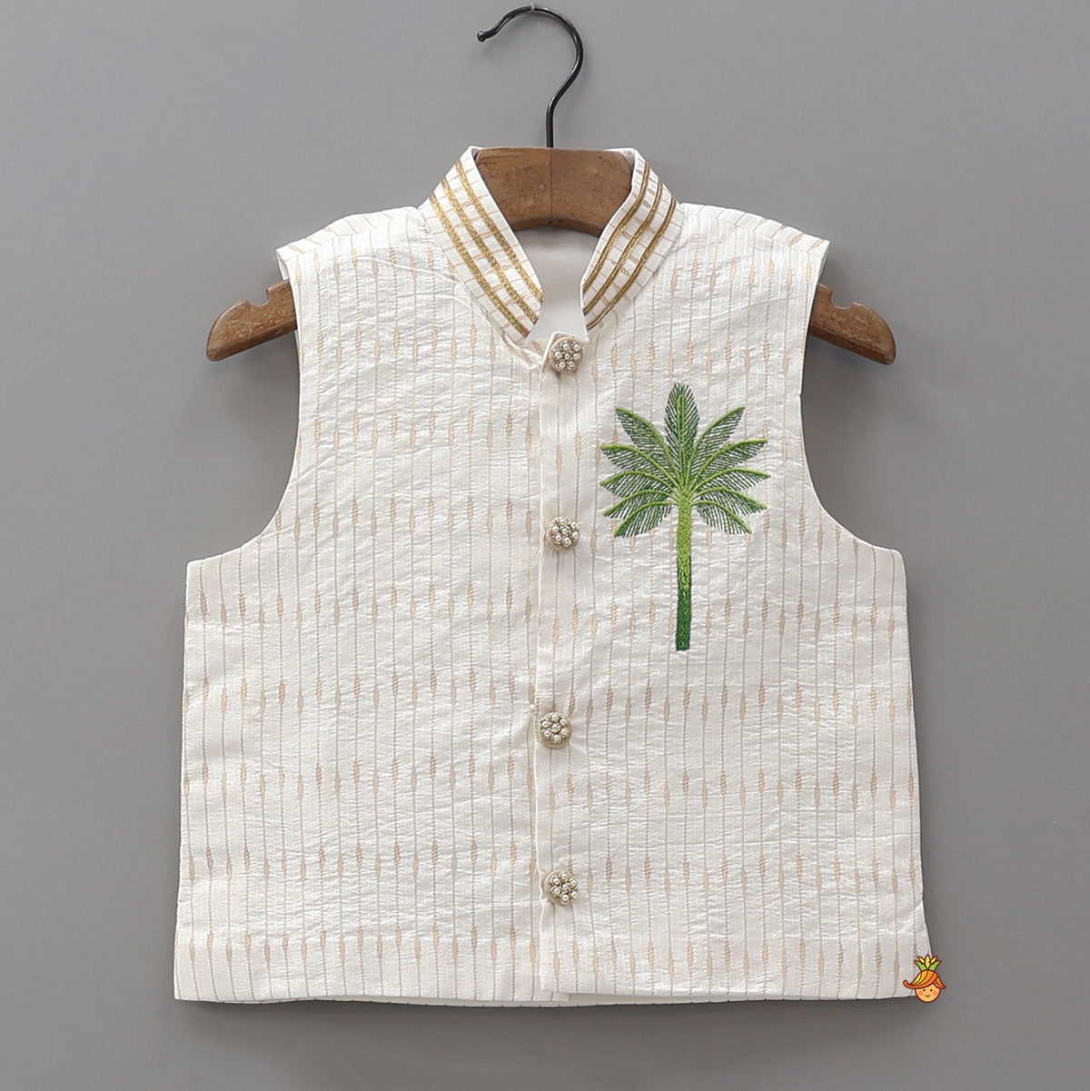 Kurta With Palm Tree Embroidered Bundi Jacket And Pyjama