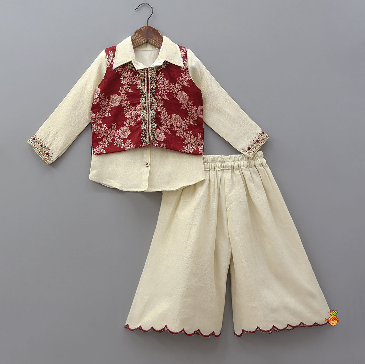 Collar Neck Kurti With Contrasting Jacket And Palazzo