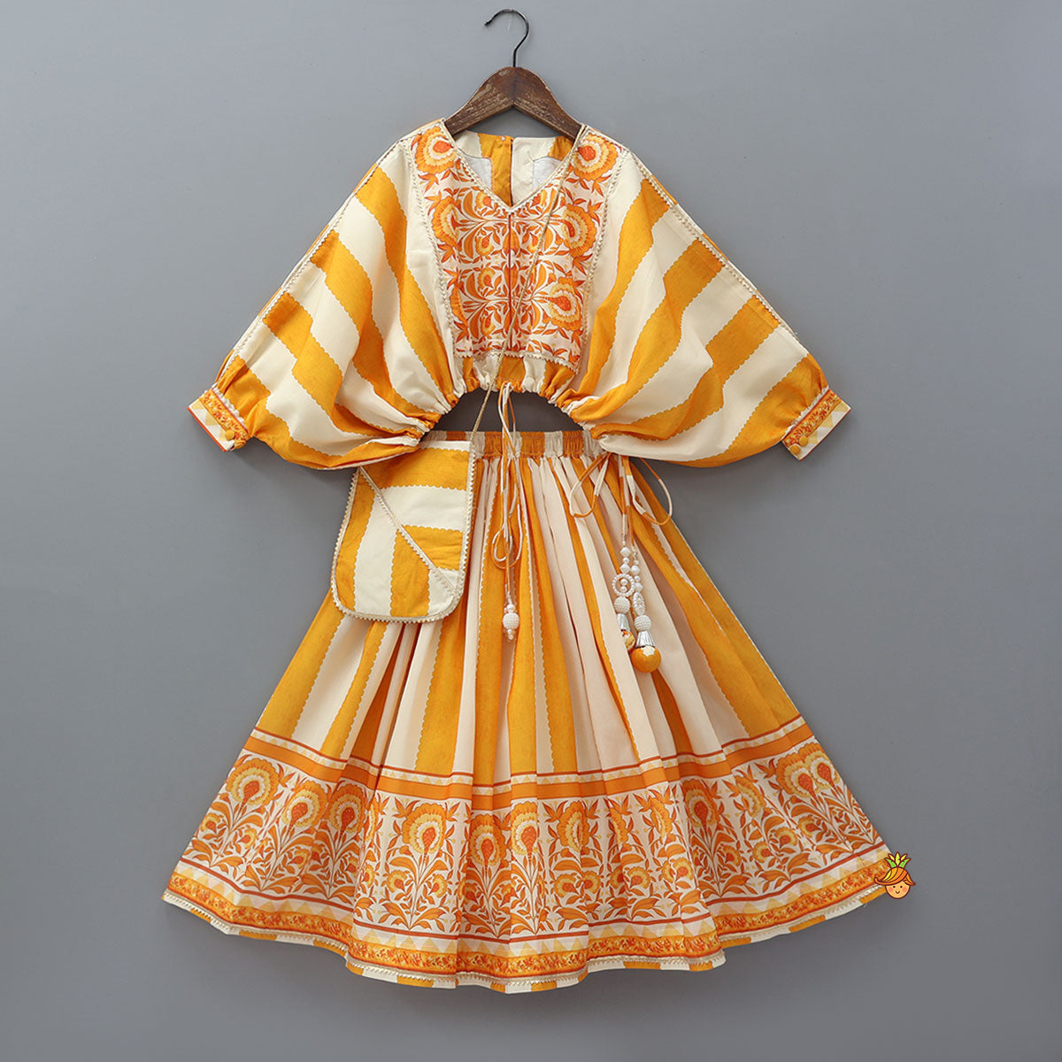 Kaftan Top And Lehenga With Matching Sling Bag