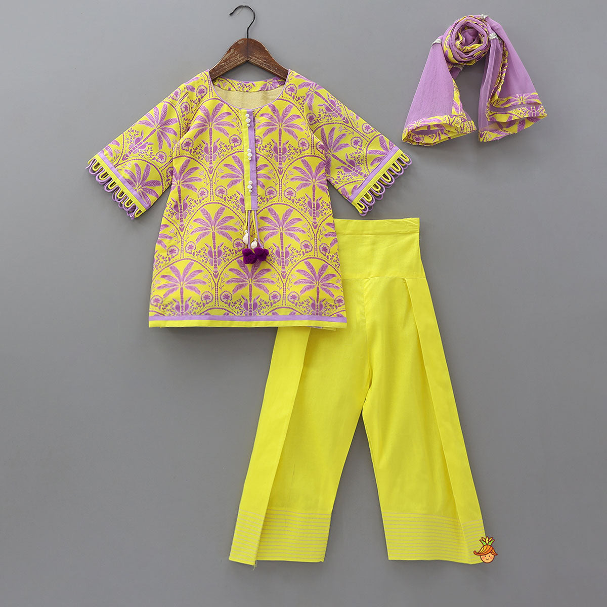 Trees And Birds Printed Kurti And Pants With Dupatta