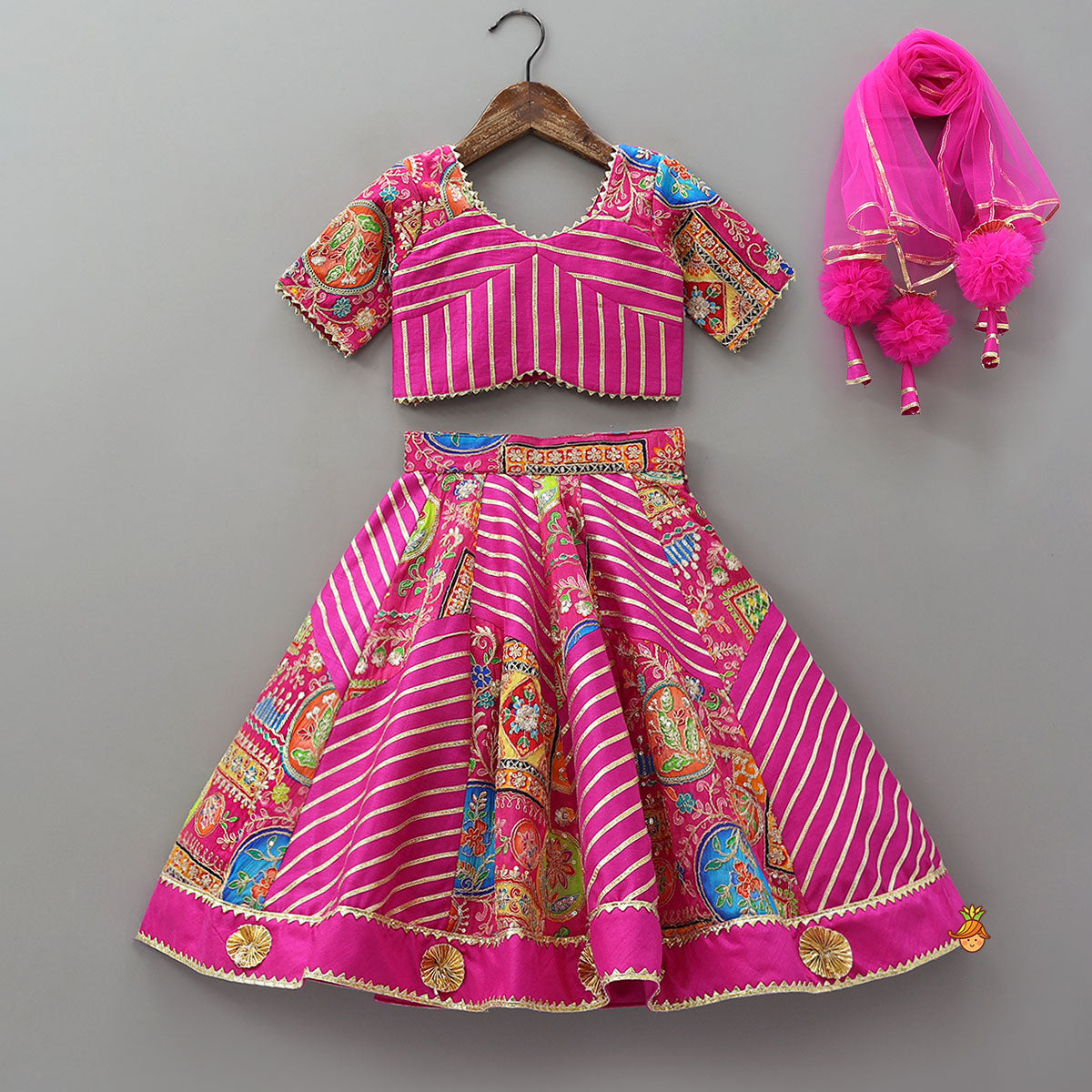 Printed And Embroidered Crop Top With Lehenga And Dupatta